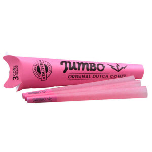 Three pink Jumbo pre-rolled Dutch cones with plastic tampering sticks.