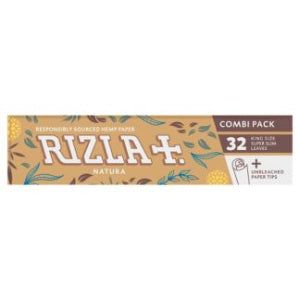 An image of a Rizla Natura Hemp King Size Combi Pack with 32 Rolling Papers and 32 Unbleached Filter Tips. The pack is tan in colour and features green and brown leaves.
