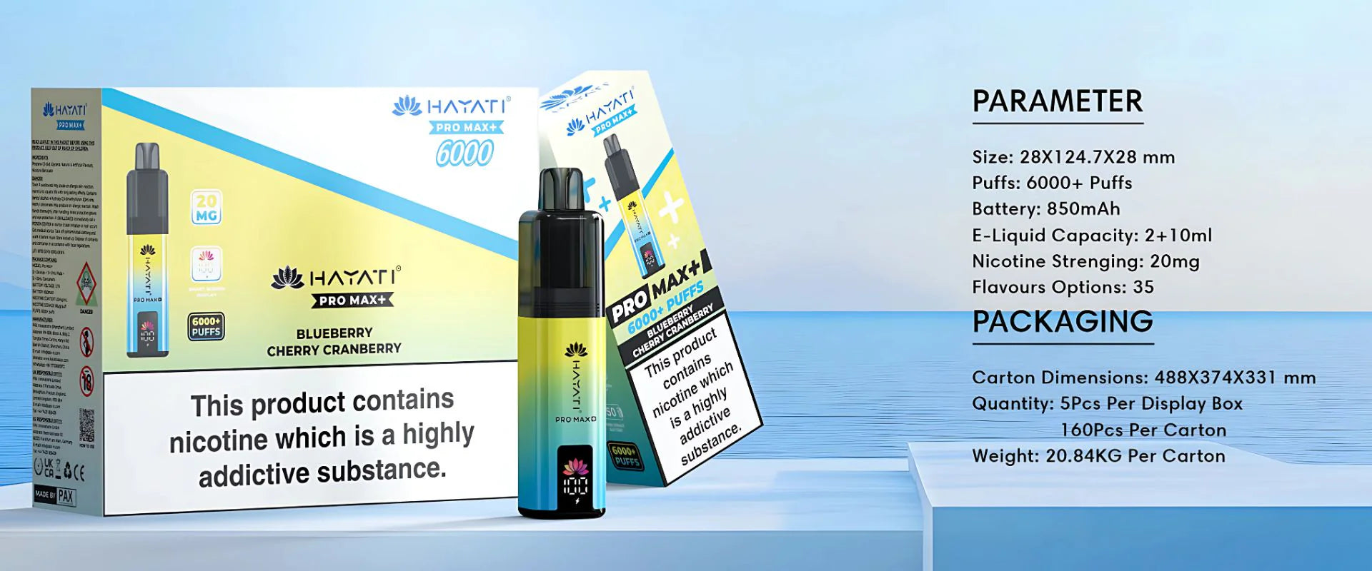 Hayati Pro Max+ 6000 Blueberry Cherry Cranberry Disposable Vape – Promotional banner showing the vape device and its packaging next to a list of technical specifications and parameters.