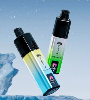 Hayati Pro Max Disposable Vapes – A promotional lifestyle image showing two different colored Hayati Pro Max vapes set against a dramatic, icy background to convey a cool sensation.