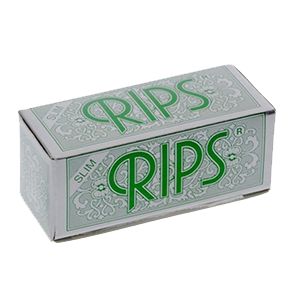 Box of Green Rips Slim Rolling Paper Rolls. Green and white box with an intricate design on a white background.