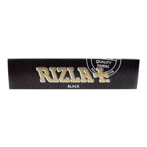 A black-coloured pack of Rizla Black Rolling Papers. The pack features the gold Rizla logo and 'Quality Papers' stamp.