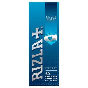 A blue pack of 60 Rizla Polar Blast Extra Slim Crushball Filter tips. The pack has an illustration of a filter tip.
