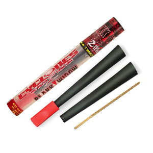 A pack of Cyclone pre-rolled cigar cones in black with a red tip, labeled as Black Widow, with two cones displayed outside the packaging.