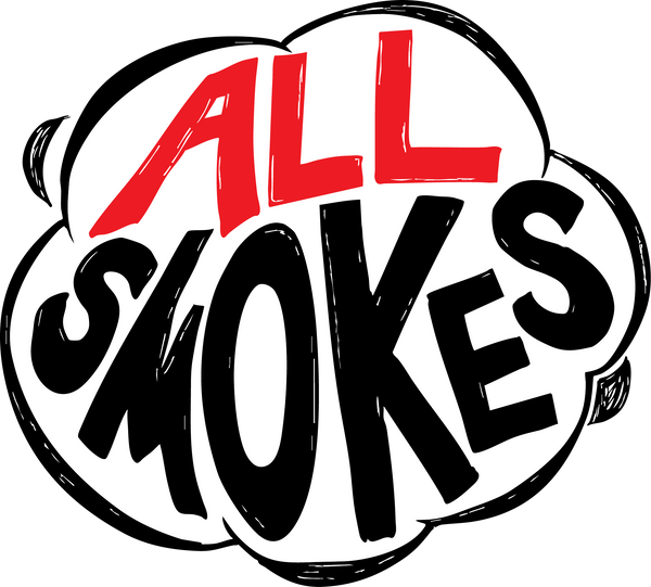 Logo with 'ALL SMOKES' text in red and black on a white background