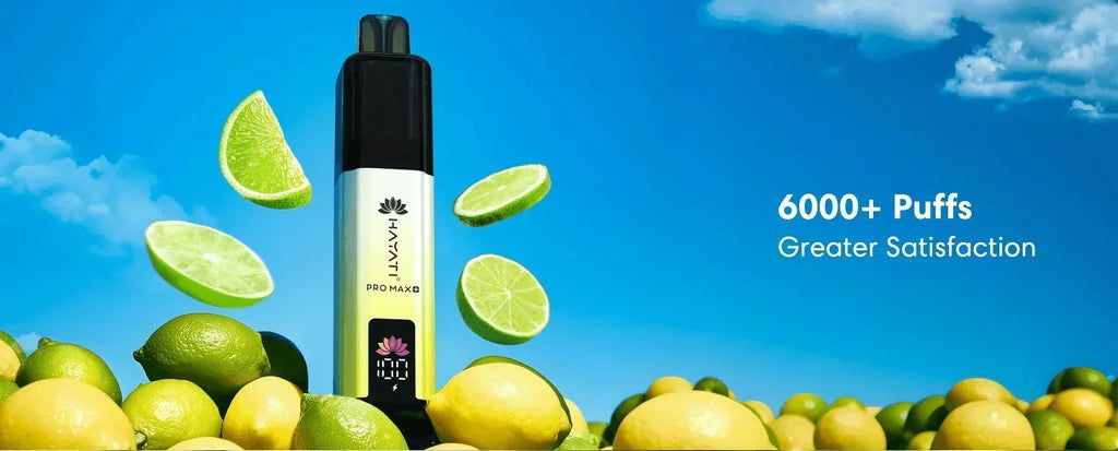Vape device with lemons and limes against a blue sky background