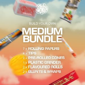 Promotional image of a medium bundle with rolling papers, tips, pre-rolled cones, and other smoking accessories against a colorful background.