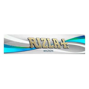 A pack of Rizla Micron King Size Slim Rolling Papers on a white background. The pack has a colourful design with white, grey and blue lines.