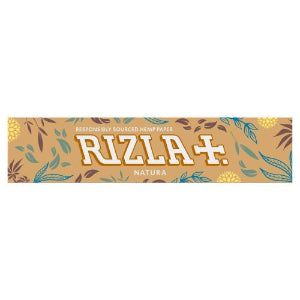 Packet of Rizla Natura King Size Hemp Rolling Papers on a white background. The pack is tan in colour and features green and brown blowing leaves. The words 'Responsibly Sourced Hemp Paper' sit above the Rizla logo.