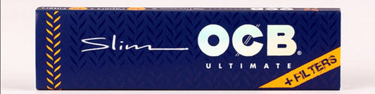 A pack of OCB Slim Ultimate King Size Papers & Tips, predominantly blue with yellow accents and the OCB brand logo.