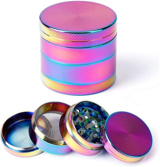 Unbranded 4-Piece Metal Herb Grinder with Rainbow Finish – A composite image showing the iridescent grinder both fully assembled and disassembled into its four pieces with a kief scraper.