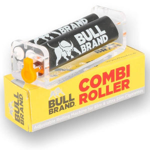 A Bull Brand plastic rolling machine for making slim cigarettes, with a clear casing and branding on the side.