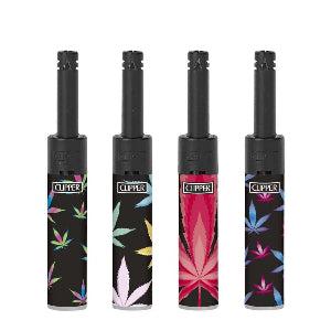 Four Clipper lighters with mini tube design, featuring various colorful patterns on a black background.