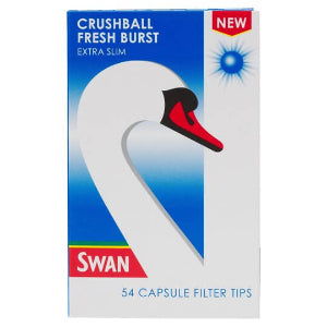Packaging for Swan - Crushball Fresh Burst Extra Slim Filters, featuring an image of a white Swan - with red beak and a box design with blue and green accents.