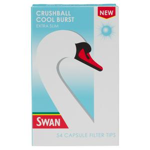 Packaging for Swan - Crushball Cool Burst Extra Slim Capsule Filter Tips, featuring a graphic of a Swan - with a red and white cap on the front.
