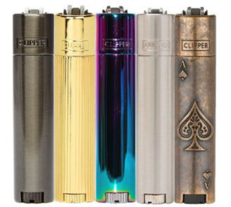 A collection of metal lighters in various colors and designs, including gold, silver, and bronze, each featuring the word 'CLIPPER' on the side.