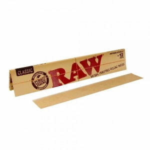 Pack of RAW 12 inch rolling papers with natural gum, displaying the brand logo and product information.