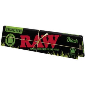 Pack of Raw Black Organic Hemp King Size Rolling Papers with leaf tips visible