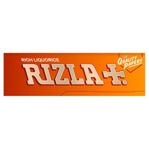 Packaging of Rizla - Liquorice Regular Rolling Paper with orange and white design, featuring the product name and the number of leaves per booklet.