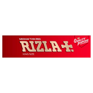 Packaging for Rizla - Red King Size Papers, featuring the brand name in white and red colors on a red background, indicating medium thin red quality papers.