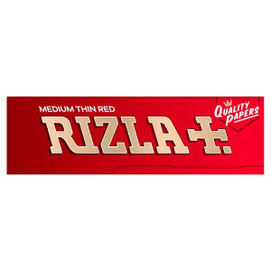 Packaging for Rizla+ Quality Papers, displaying the brand name and the text 'MEDIUM THIN RED' on a red background.