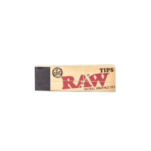 A pack of Raw Original Tips, featuring a label with the brand name 'RAW' and the text 'Natural Unrefined Tips'. The pack appears to be made of wood and has a brown color scheme with red and black text.