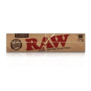 Pack of Raw Classic Kingsize Slim rolling papers with red and white branding, indicating natural unrefined papers.