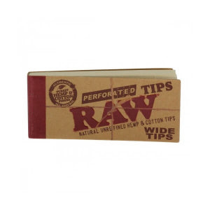 Packaging for RAW perforated wide tips, with brand logo and text description.