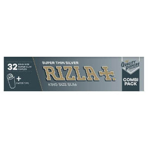 Packaging for Rizla - Super Thin Silver Rolling Papers, indicating 32 sheets, super thin design, and including paper tips. Combi pack is mentioned with a '+' symbol indicating the addition of paper tips.