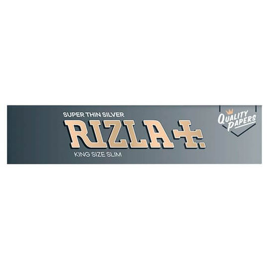 Packaging for Rizla - Silver King Size Slim Cigarette Rolling Paper, indicating it is super thin silver paper with a cut corner, and each booklet contains 32 papers.