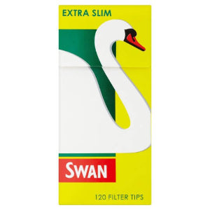 Packaging for Swan - Extra Slim Filter Tips featuring a white and green color scheme with a silhouette of a Swan - on the front, indicating 120 filter tips and the 'Extra Slim' variant.