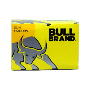 A box of Bull Brand Slim Filter Tips for vaporizers, featuring a yellow packaging with a graphic of a bull's head.